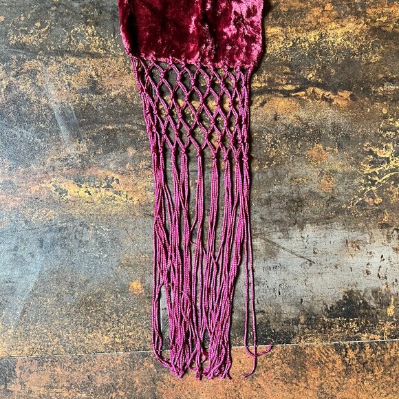 Burgundy Wine Crushed Velvet Scarf with Macrame Fringe, 84" x 5.5" - Picture 2 of 7